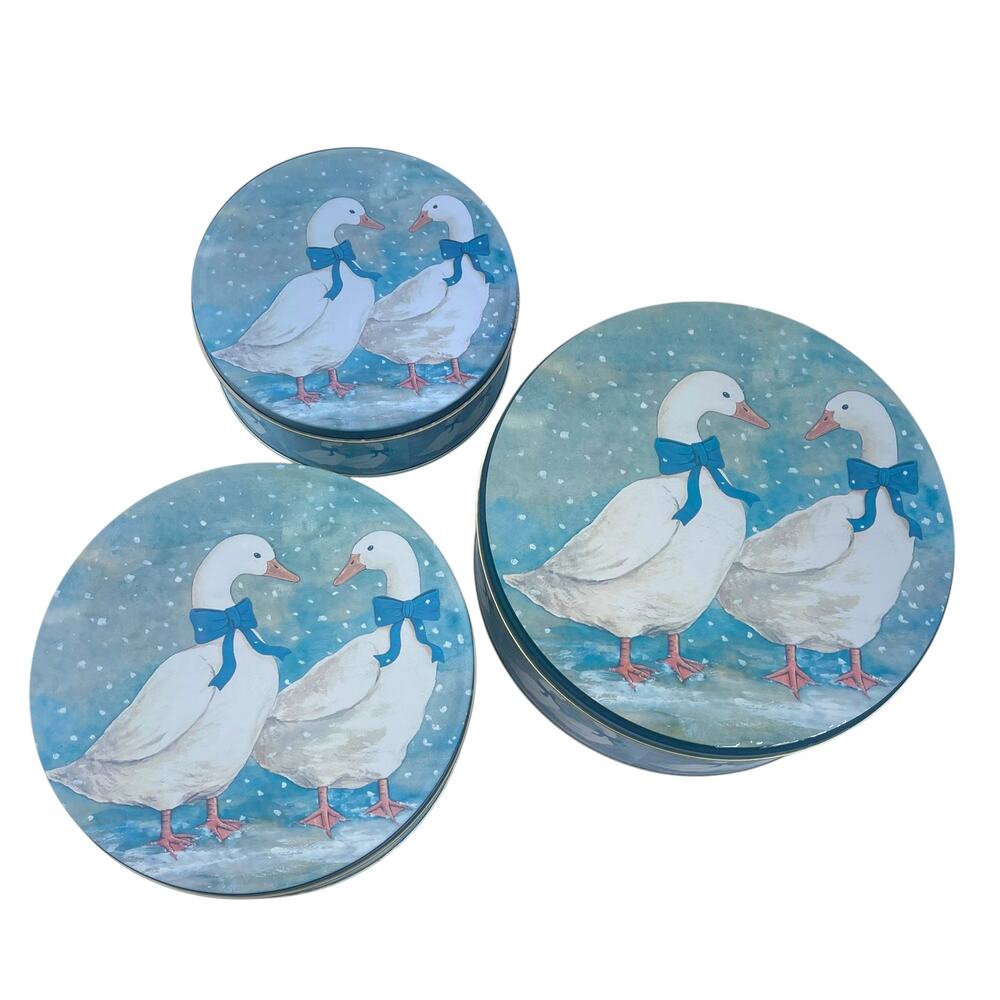 Vintage Geese Blue Bow Nesting Storage Tin Set 3pc Taiwan R.O.C.